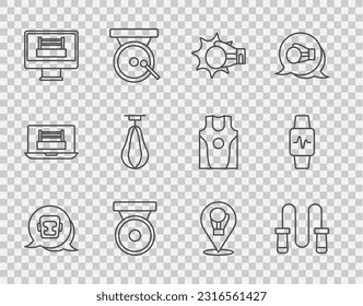 Set line Boxing helmet, Jump rope, Punch boxing glove, gong, ring, Punching bag,  and Smart watch with heart icon. Vector