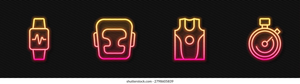 Set line Boxing jersey and t-shirt, Smart watch with heart, helmet and Stopwatch. Glowing neon icon. Vector