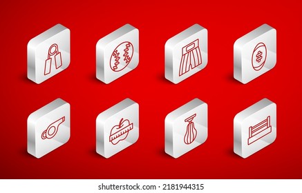 Set line Boxing ring, Baseball ball, short, American Football, Punching bag, Sport expander, Apple measuring tape and Whistle icon. Vector