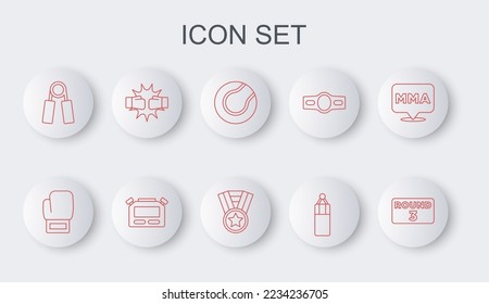 Set Linie Boxring-Board, Handschuh, Tennisball, Punching-Tasche, Sport Expander, Boxhandschuhe, Stoppuhr und Medalsymbol. Vektorgrafik