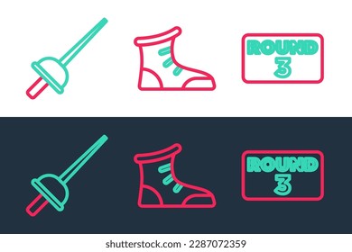 Fijar la línea Tablero de boxeo, Icono de zapatos de boxeo de esgrima y deporte. Vector