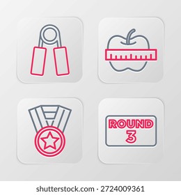 Fije la línea Tablero del anillo del boxeo, medalla, Apple y cinta métrica e icono del expansor del deporte. Vector