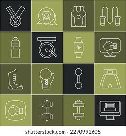 Set line Boxing ring, short, glove, jersey and t-shirt, gong, Fitness shaker, Medal and Smart watch with heart icon. Vector