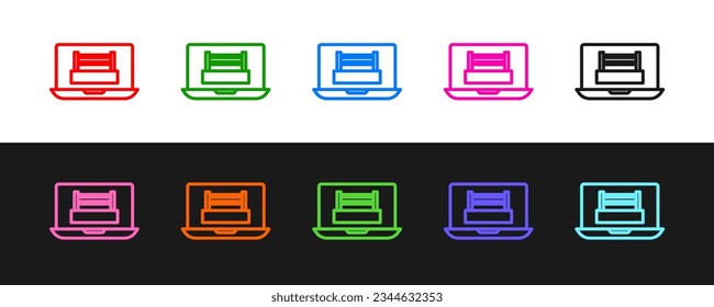 Fijar línea Mostrar anillo de boxeo en el icono del portátil aislado en fondo blanco y negro.  Vector