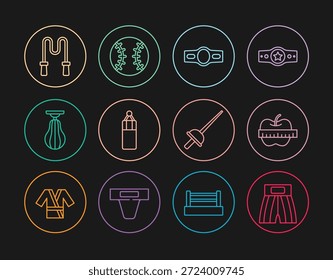 Boxeo corto, Apple y cinta métrica, cinturón, saco de boxeo, cuerda de salto, esgrima e icono de pelota de béisbol. Vector