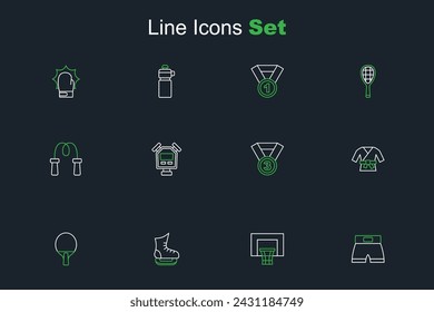 Corto de boxeo, backboard de baloncesto, patines, raqueta, kimono, medalla, cronómetro e icono de cuerda de salto. Vector