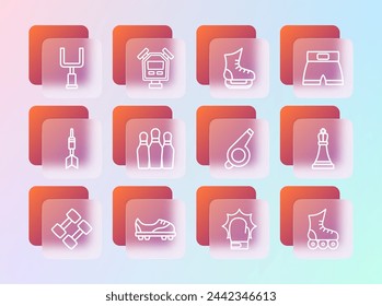 Set line Boxing short, Football shoes, Whistle, Punch boxing gloves, Bowling pin, Skates, American football goal post and Stopwatch icon. Vector