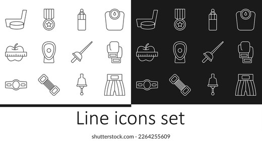 Set line Boxing short, glove, Punching bag, training paws, Apple and measuring tape, Ice hockey stick puck, Fencing and Medal icon. Vector