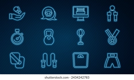 Set line Boxing short, Medal, ring, Weight, Stopwatch, glove, Punching bag and helmet icon. Vector
