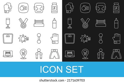 Set line Boxing short, MMA glove, Punching bag, helmet, Medal,  and ring icon. Vector
