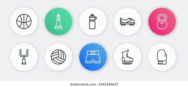 Set line Boxing short, Weight, American football goal post, Skates, Football shoes, Fitness shaker, glove and Volleyball icon. Vector