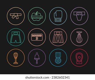 Set line Boxing training paws, Punching bag, glove, ring board, short, Black karate belt,  and Apple and measuring tape icon. Vector