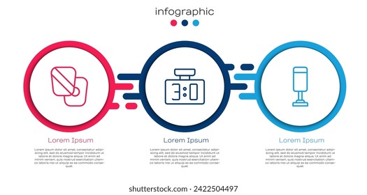 Fijar la línea Pistola de entrenamiento de boxeo, marcador mecánico deportivo y bolsa de punzonado. Plantilla de infografía empresarial. Vector