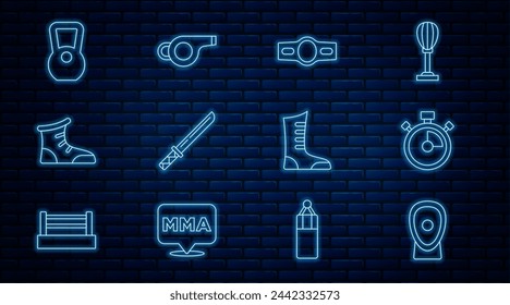 Set line Boxing training paws, Stopwatch, belt, Japanese katana, Sport boxing shoes, Kettlebell,  and Whistle icon. Vector