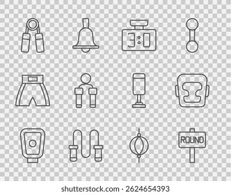 Set line Boxing training paws, ring board, Sport mechanical scoreboard, Jump rope, expander, Punching bag and helmet icon. Vector