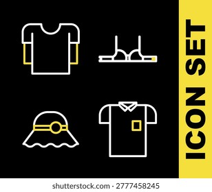 Set line Bra, Polo shirt, Elegant women hat and Long sleeve icon. Vector