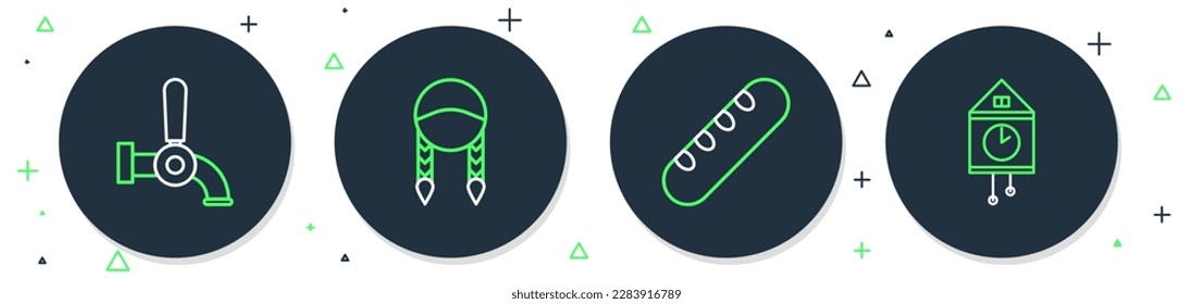 Set line Braid, French baguette bread, Beer tap and Retro wall watch icon. Vector