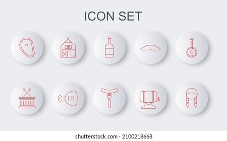 Set line Braid, Musical drum and sticks, Beer bottle, Wooden barrel on rack, Steak meat, Farm House, Chicken leg and Sausage the fork icon. Vector