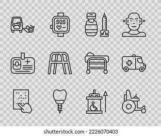 Set line Braille, Electric wheelchair, Syringe, Dental implant, Disabled car, Walker, Elevator for disabled and Emergency icon. Vector