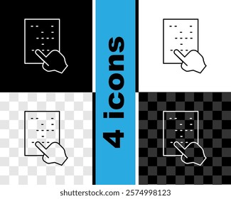 Set line Braille icon isolated on black and white, transparent background. Finger drives on points. Writing signs system for blind or visually impaired people.  Vector