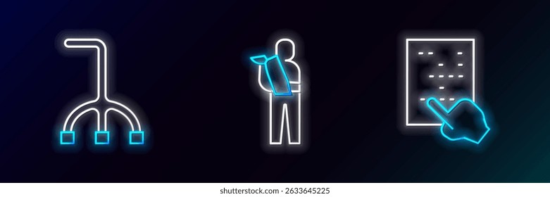 Set line Braille, Walking stick cane and Human broken arm icon. Glowing neon. Vector