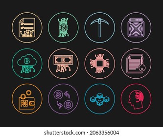 Set line Brain as digital circuit board, Smart contract, Pickaxe, Cryptocurrency bitcoin with, cloud mining, Processor and  icon. Vector