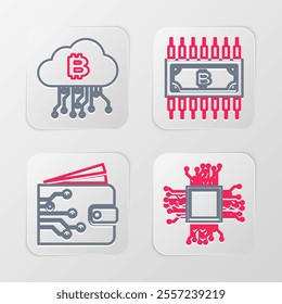 Set line Brain as digital circuit board, Cryptocurrency wallet, bitcoin with and cloud mining icon. Vector