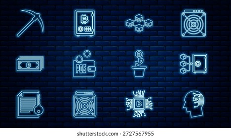 Set line Brain como placa de circuito digital, Prova de estaca, tecnologia Blockchain, Bitcoin criptomoeda, Pickaxe, Bitcoin plantar o potenciômetro e ícone. Vetor