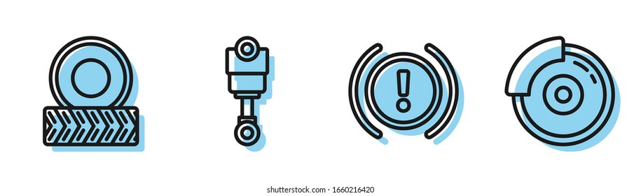 Set line Brake system warning, Car wheel, Engine piston and Car brake disk with caliper icon. Vector