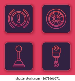 Ajuste la advertencia del sistema de frenos en línea, el selector de velocidades, la rueda del Camión y el pistón del motor. Botón cuadrado azul. Vector