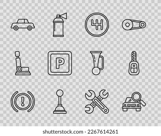 Ajuste la advertencia del sistema de frenos de línea, la búsqueda de coches, el selector de velocidades, el estacionamiento, la llave y la llave con el icono remoto. Vector