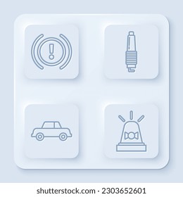 Ajuste la advertencia del sistema de frenado de línea, la bujía de estacionamiento del coche, la sirena del coche y la arandela. Botón cuadrado blanco. Vector