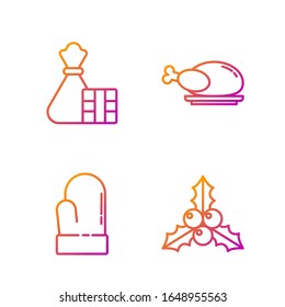 Set line Branch viburnum or guelder rose, Christmas mitten, Gift box and bag and Roasted turkey or chicken. Gradient color icons. Vector