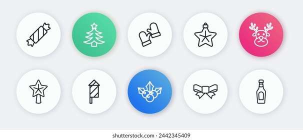 Set line Branch viburnum, Reindeer, Christmas star, Gift bow, mittens, Champagne bottle and Firework rocket icon. Vector