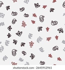 Set line Branch viburnum, Santa Claus hat and beard, Merry Christmas house and star on seamless pattern. Vector