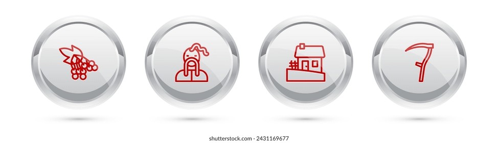 Set line Branch viburnum, Ukrainian cossack, house and Scythe. Silver circle button. Vector