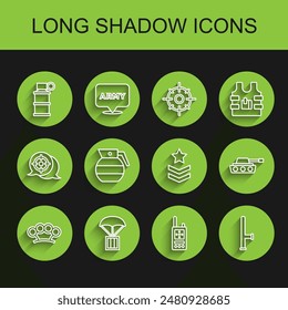 Set line Brass knuckles, Airdrop box, Hand smoke grenade, Walkie talkie, Police rubber baton, Military tank and rank icon. Vector
