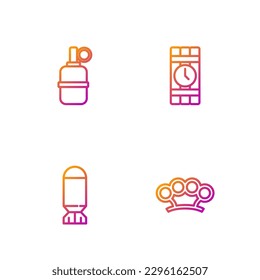 Fijar las mangueras de Brass, la bomba de aviación, la granada de mano y el reloj de cronómetro dinamita. Iconos de color de degradado. Vector
