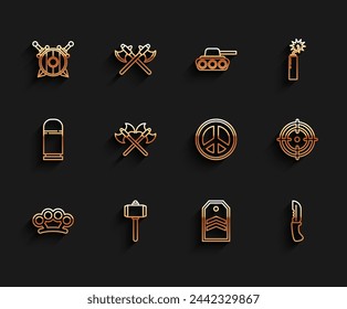 Collares de latón, Martillo de batalla, Escudo de madera con espadas cruzadas, Chevron, Cuchillo militar, Ejes medievales cruzados, Deporte objetivo e icono de la paz. Vector