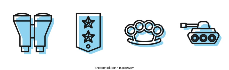 Set line Brass knuckles , Binoculars , Chevron  and Military tank  icon. Vector