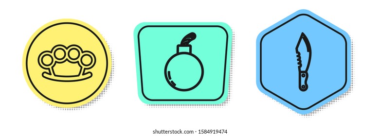 Set line Brass knuckles , Bomb ready to explode  and Military knife . Colored shapes. Vector