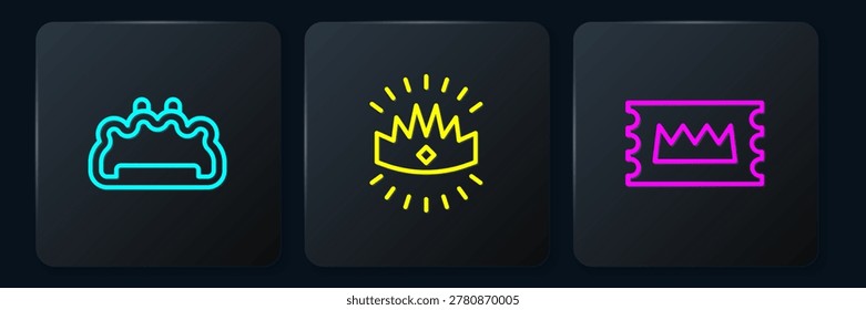 Set line Brass knuckles, Concert ticket and King crown. Black square button. Vector