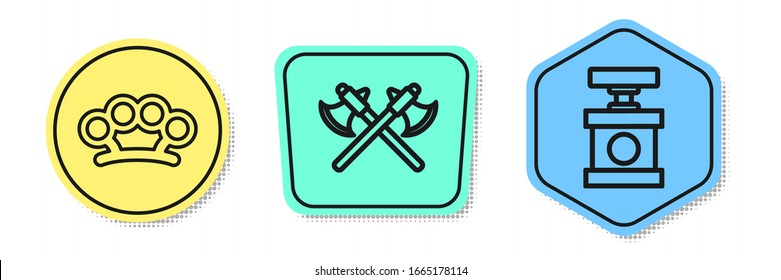 Fije nudillos de bronce, ejes medievales cruzados y detonador de mango para dinamita. Formas coloreadas. Vector