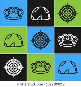 Set line Brass knuckles , Target sport for shooting competition and Military helmet  icon. Vector