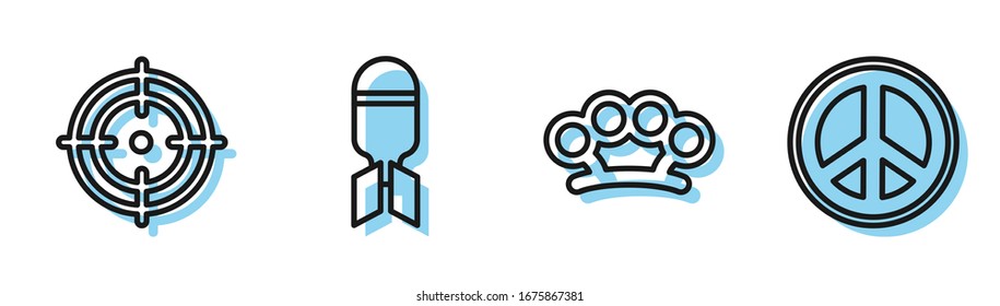 Set line Brass knuckles, Target sport, Aviation bomb and Peace icon. Vector