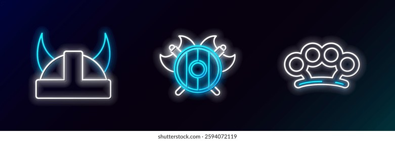 Set line Brass knuckles, Viking in horned helmet and Medieval shield with crossed axes icon. Glowing neon. Vector