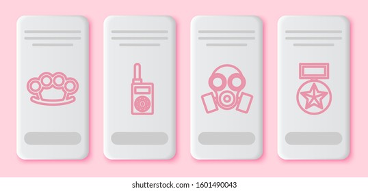 Set line Brass knuckles , Walkie talkie , Gas mask  and Military reward medal . White rectangle button. Vector