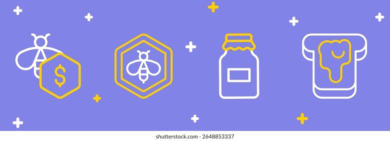 Set line Bread with honey, Jar of, Bee and honeycomb and Sale bees icon. Vector