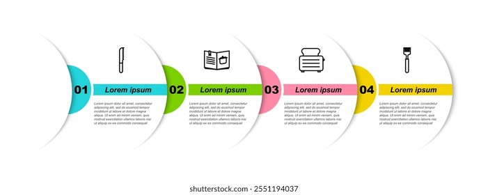 Set line Bread knife, Cookbook, Toaster with toasts and Fork. Business infographic template. Vector