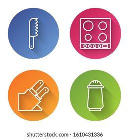 Set line Bread knife, Gas stove, Knife and Salt and pepper. Color circle button. Vector